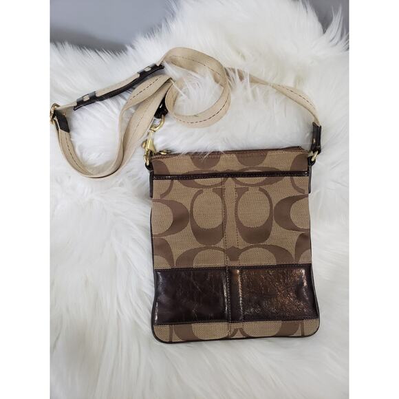 Coach Signature Swingpack Crossbody Bag 41644 Jacquard Leather Shoulder Purse - Picture 1 of 5